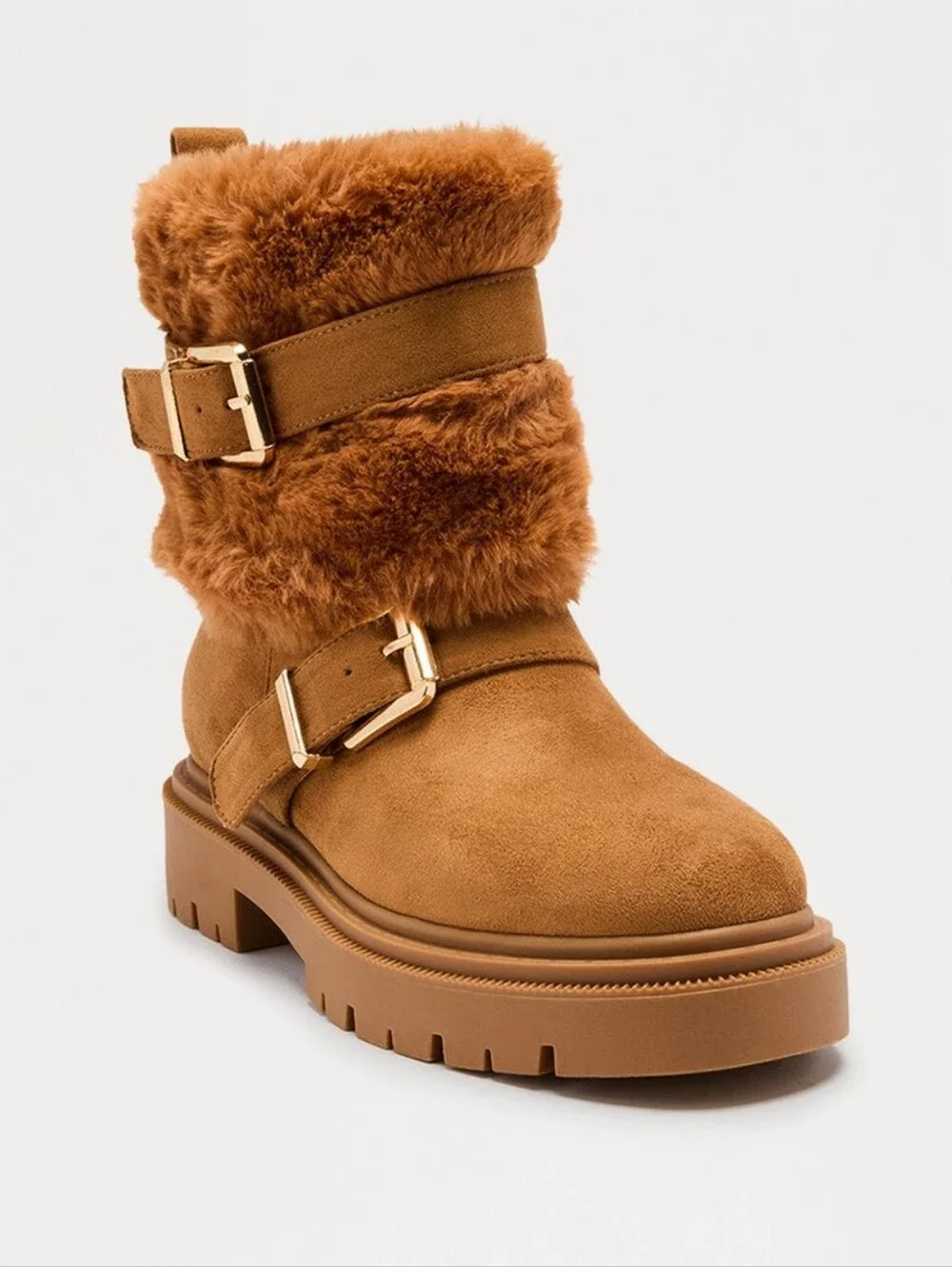 South Pole Chestnut Faux-Fur Buckle Ankle Boot